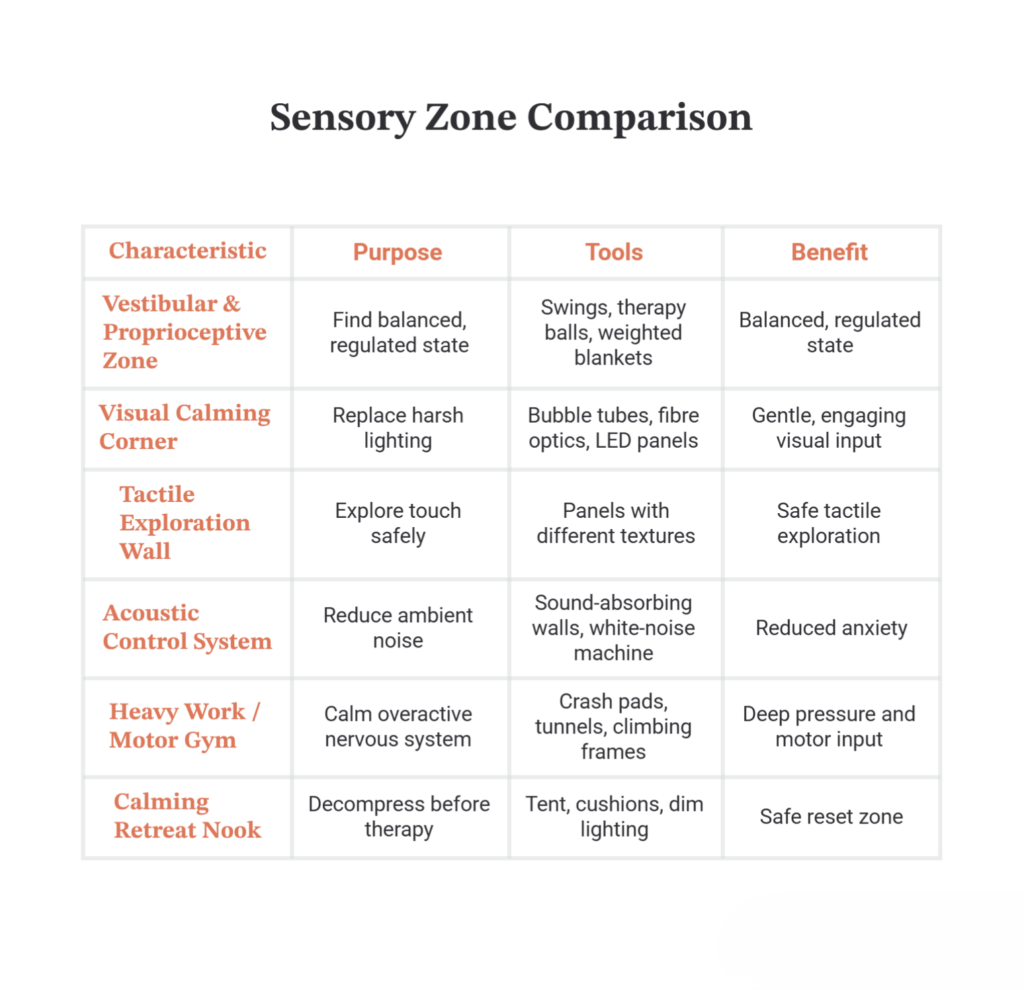 Sensory zone comparison chart showing vestibular, visual calming, tactile exploration, acoustic control, motor gym, and calming retreat areas at Mom's Care autism therapy center.
