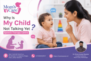 Mother engaging with her toddler using speech and communication cues in a speech therapy setting, promoting early language development at Mom’s Care Speech Therapy Centre in Patna.