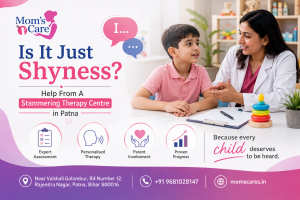 Promotional graphic for Mom's Care Stammering Therapy Centre in Patna featuring a female therapist interacting with a young boy, along with service highlights like Expert Assessment and Personalised Therapy.
