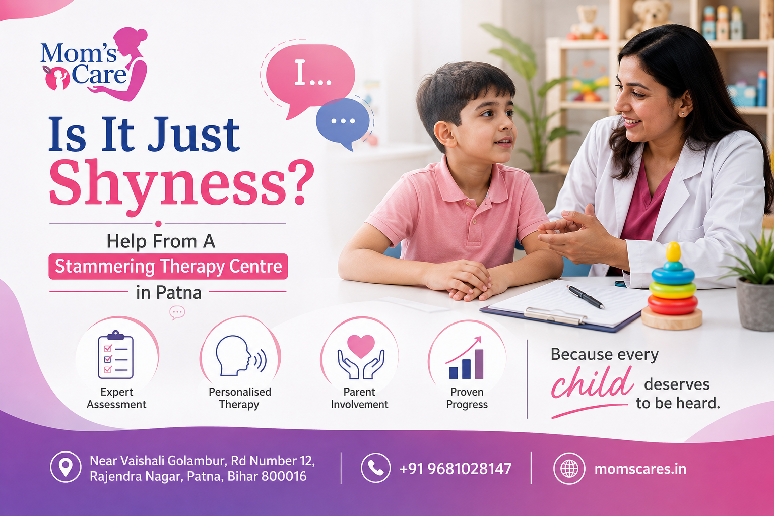 Promotional graphic for Mom's Care Stammering Therapy Centre in Patna featuring a female therapist interacting with a young boy, along with service highlights like Expert Assessment and Personalised Therapy.