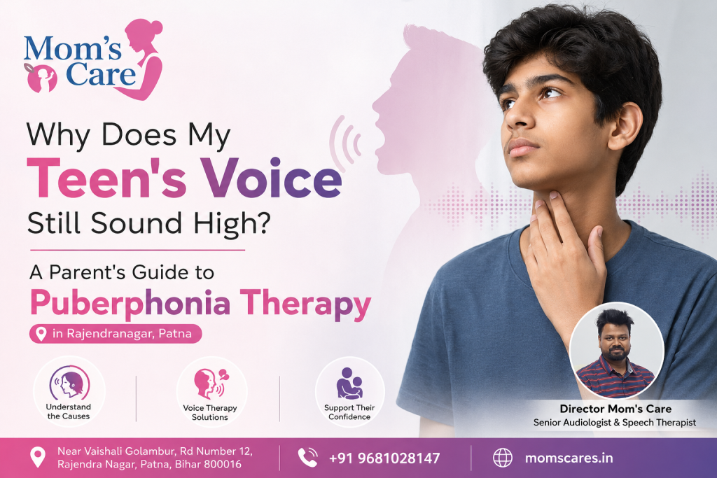 Teen boy receiving guidance for high-pitched voice and Puberphonia therapy at Mom’s Care in Rajendranagar, Patna