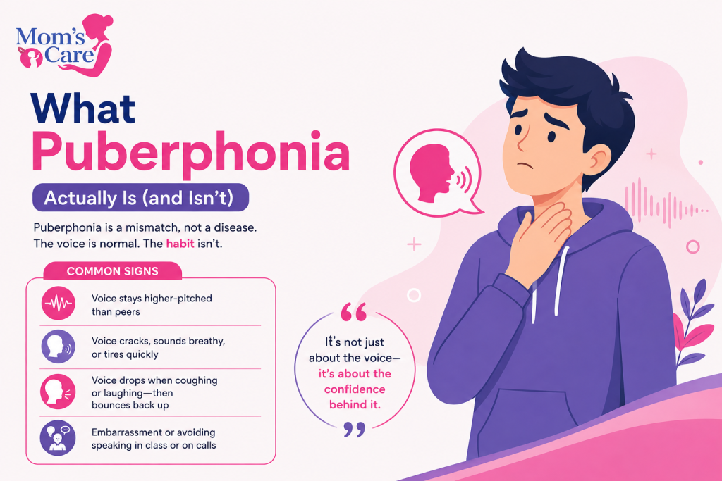 Infographic explaining puberphonia, its common signs, high-pitched voice after puberty, voice fatigue, and impact on speaking confidence.