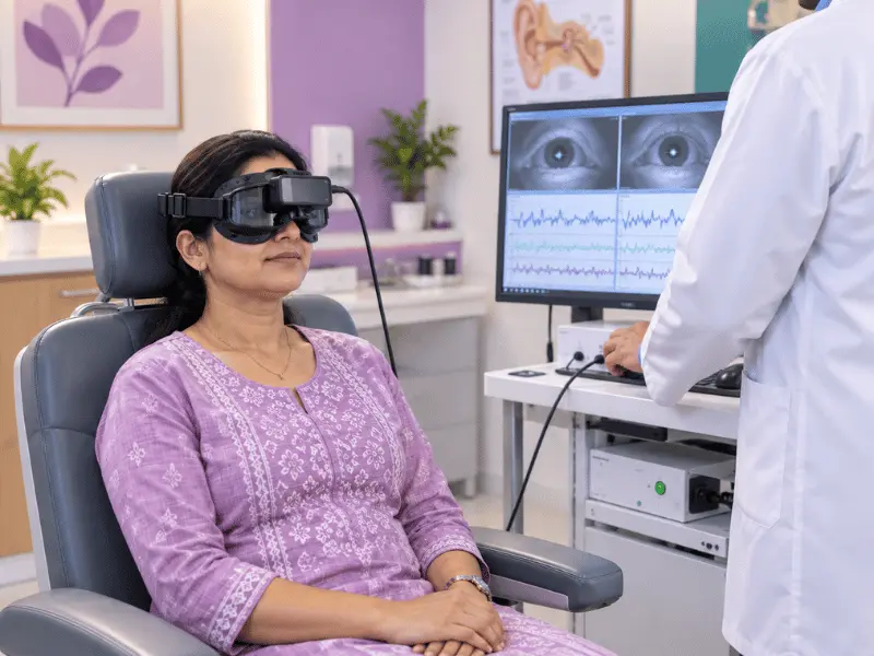 Patient undergoing VNG test using infrared goggles at Mom's Care Patna