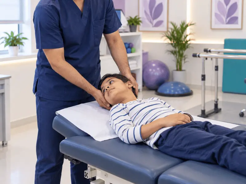Patient receiving vestibular rehabilitation and Epley manoeuvre at Mom's Care Patna