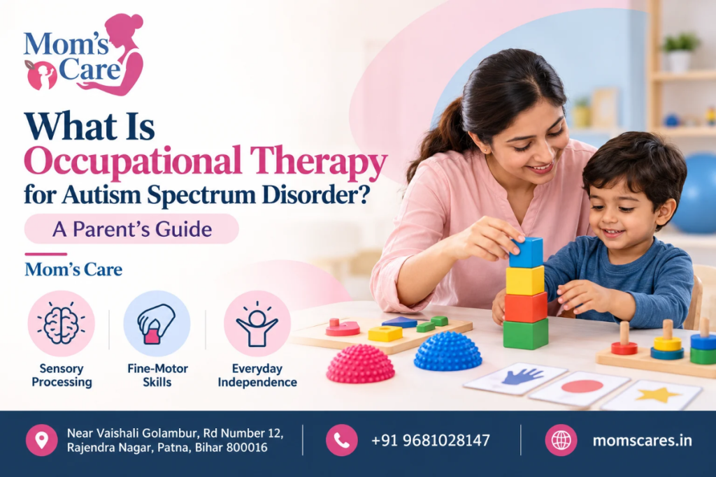 Smiling therapist stacking colorful blocks with a young child during an occupational therapy session for autism at Mom’s Care, Rajendra Nagar, Patna